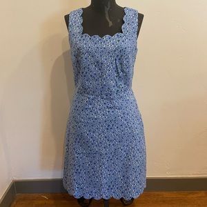 J. Crew new with tags blue floral print dress. Scalloped hem and neck.